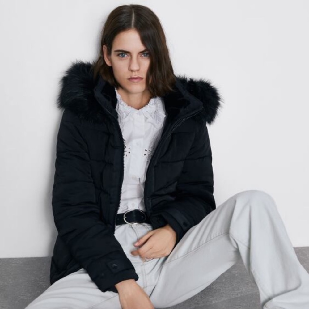 NWT. Zara Black Water Repellent Puffer High Collar Jacket. Size XL.